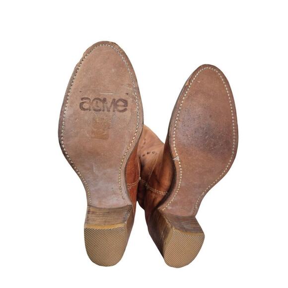 Acme Vintage Brown/Tan Leather Cowgirl Boots Sz 4 1/2 Knee High Top Stitching - Picture 6 of 8